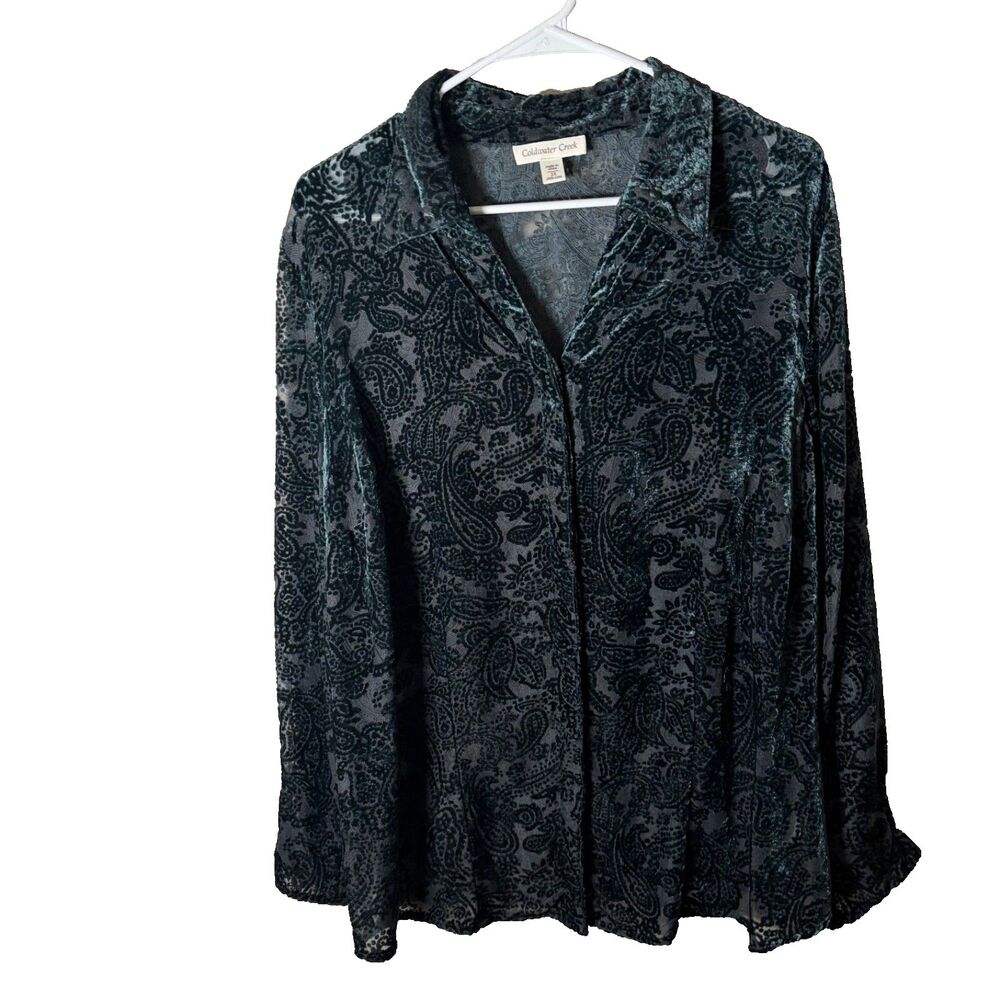Coldwater Creek Shirt Women's 2X Velvet Velour Button Up Burnout Collared Top